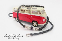 Black Leather dog show slip lead with beads (Bead Set #025)